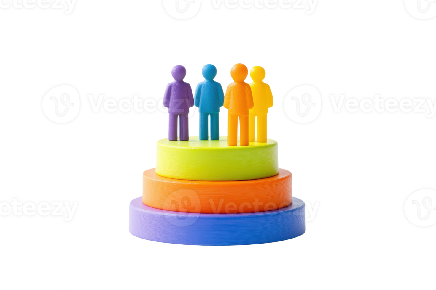 Colorful figures stand on layered rings, symbolizing unity and diversity in a playful, educational format. png