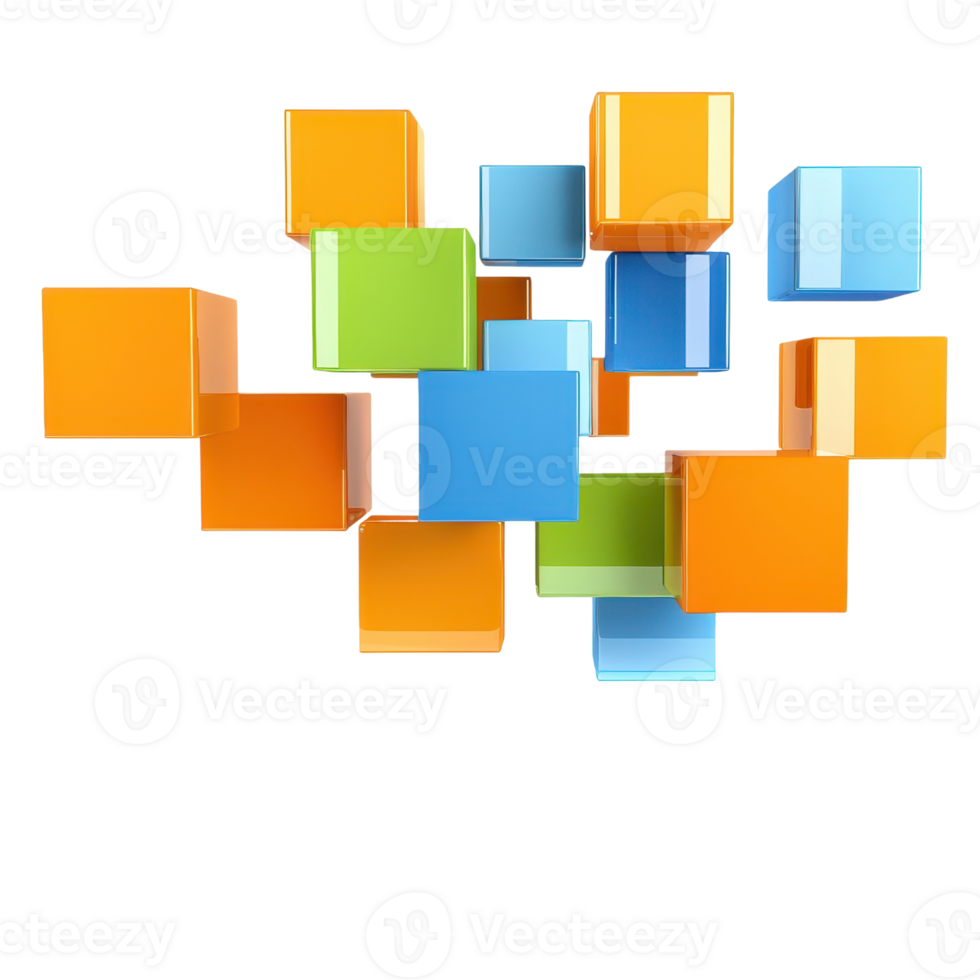 Colorful cubes arranged in a dynamic formation, showcasing varying sizes and vibrant hues. png