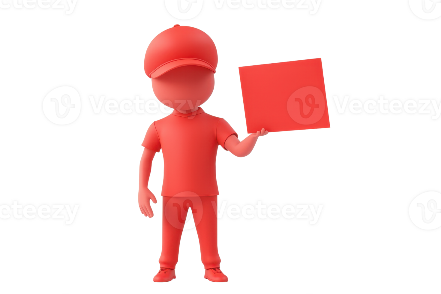 A red figure wearing a cap and uniform holds a square red sign, representing a symbolic message or action. png