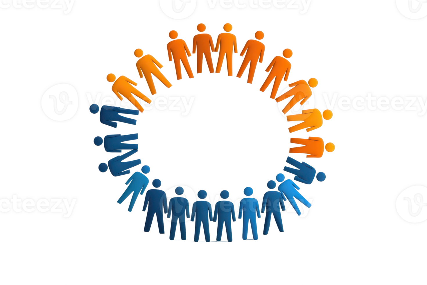 A circular arrangement of abstract figures in orange and blue, symbolizing community, connection, and teamwork. png