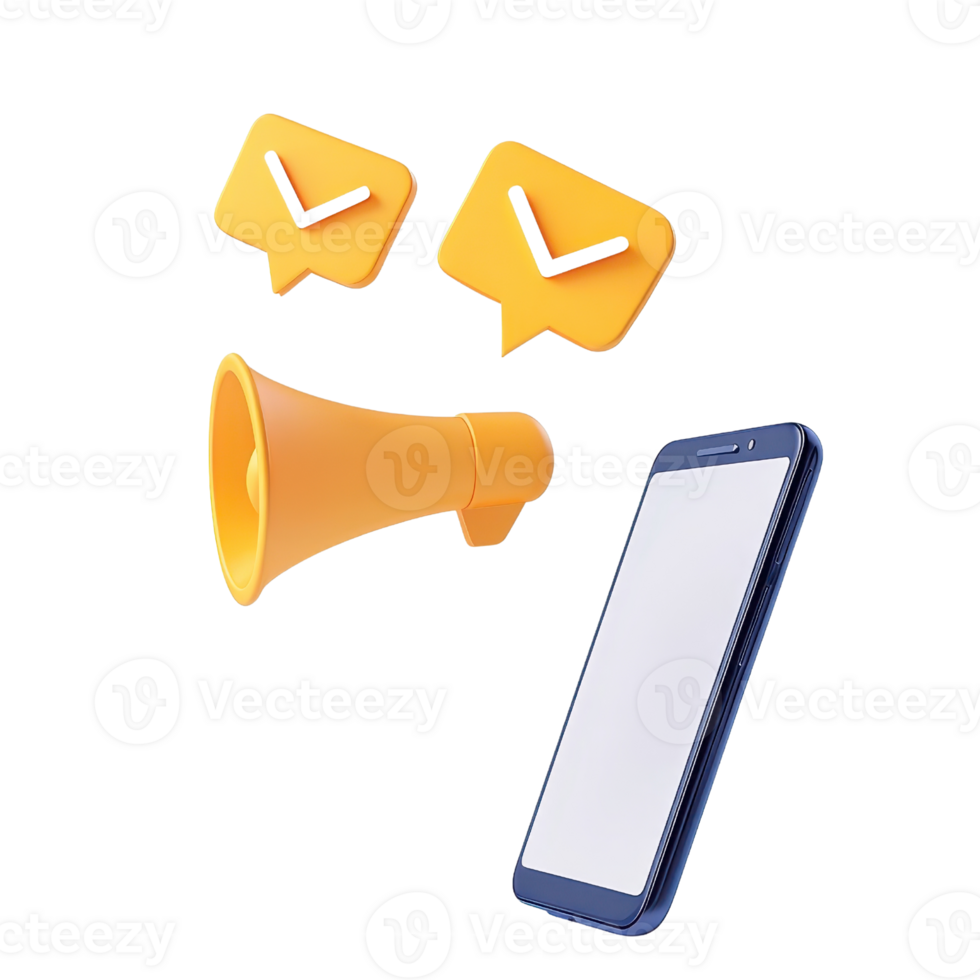 A smartphone, a yellow megaphone, and message icons symbolizing communication and notifications. png
