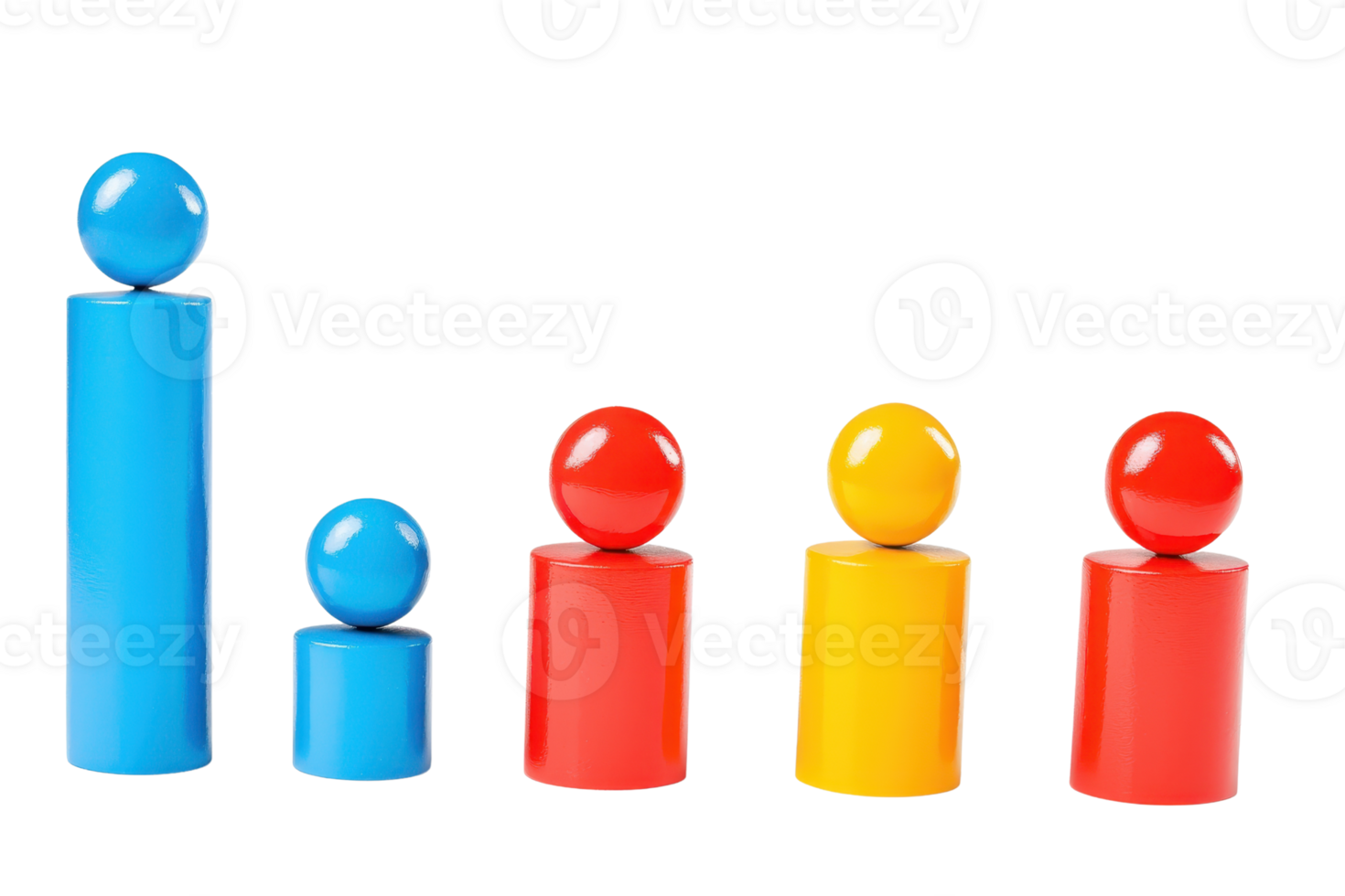 Colorful, stackable toy figures arranged in ascending order by height, featuring spherical tops and cylindrical bases. png