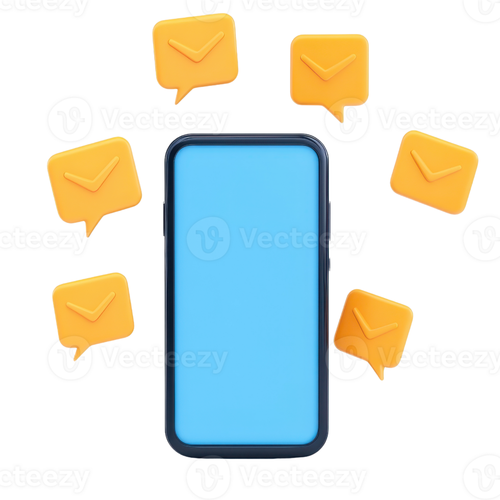 A smartphone with a blank screen surrounded by yellow message icons, suggesting communication and notifications. png