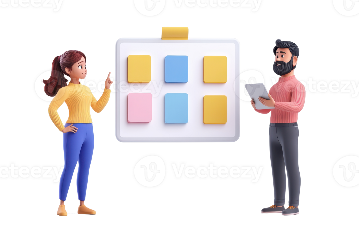 A woman and a man discuss a grid of colored squares, indicating collaboration or brainstorming in a creative context. png