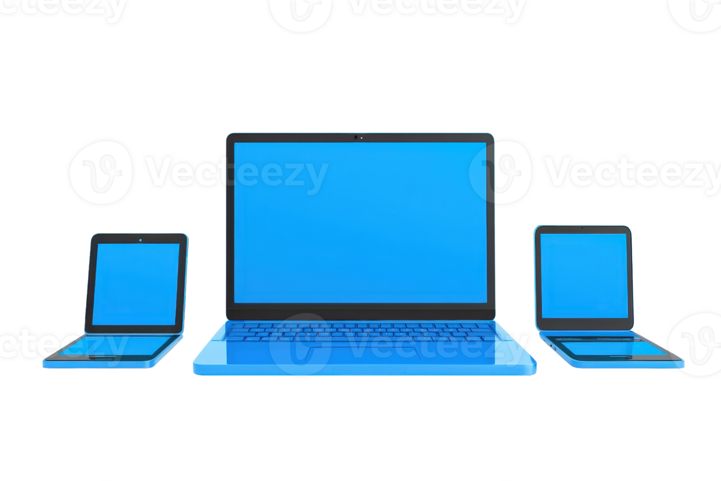 Three devices display vibrant blue screens, showcasing a laptop flanked by two smaller computers in a uniform arrangement. png