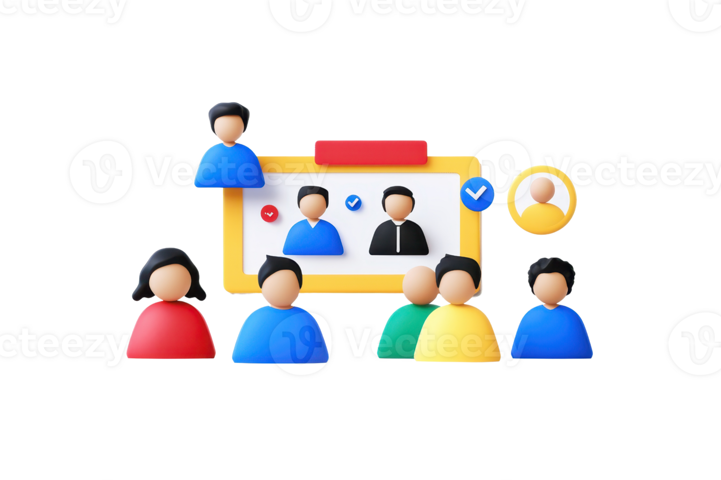 A group of diverse, stylized characters engaged in a virtual meeting, highlighting collaboration and communication. png