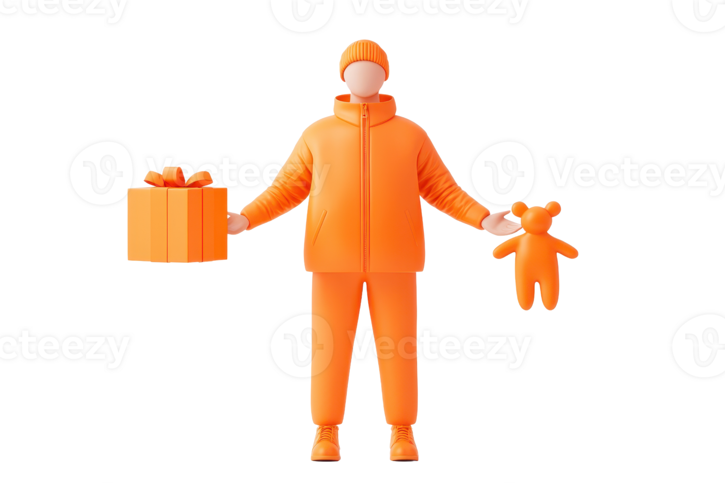 A figure dressed in bright orange holding a gift box in one hand and a teddy bear in the other, exuding a cheerful vibe. png