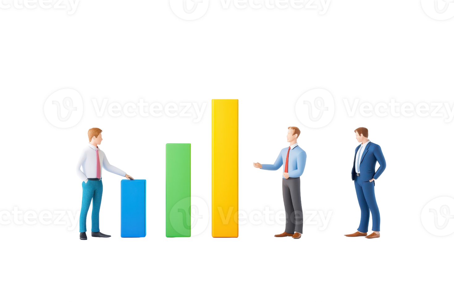 Three business professionals discussing a growth chart represented by colorful bar graphs. png