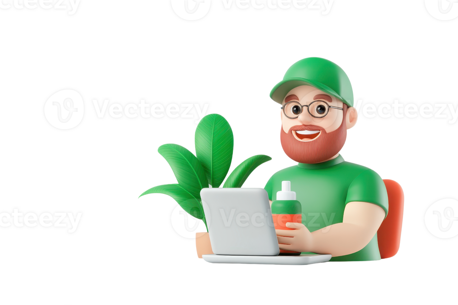 A cheerful character with a green cap and glasses sits at a table, working on a tablet with a plant and a drink beside him. png