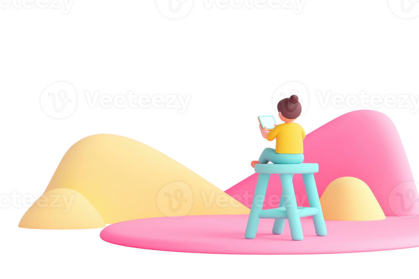 A child sitting on a stool, engaging with a device in a vibrant, playful environment. png