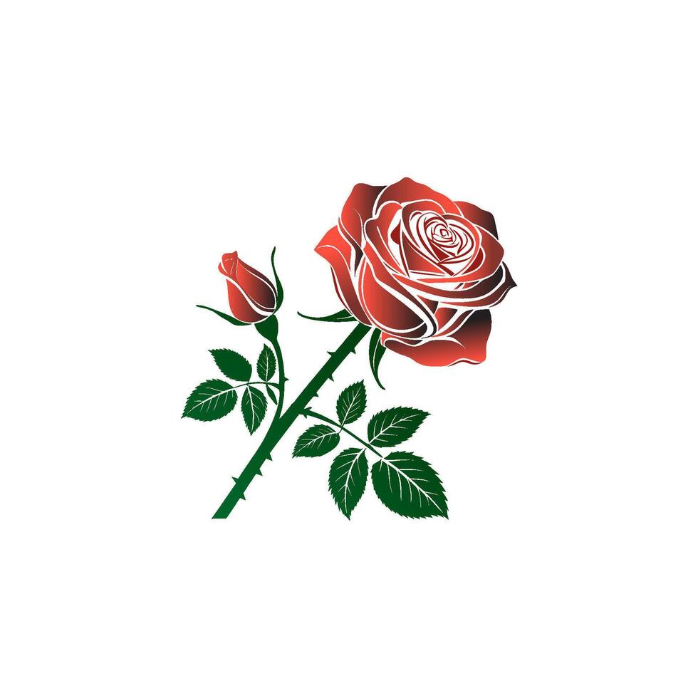 Red rose silhouette with green leaves vector