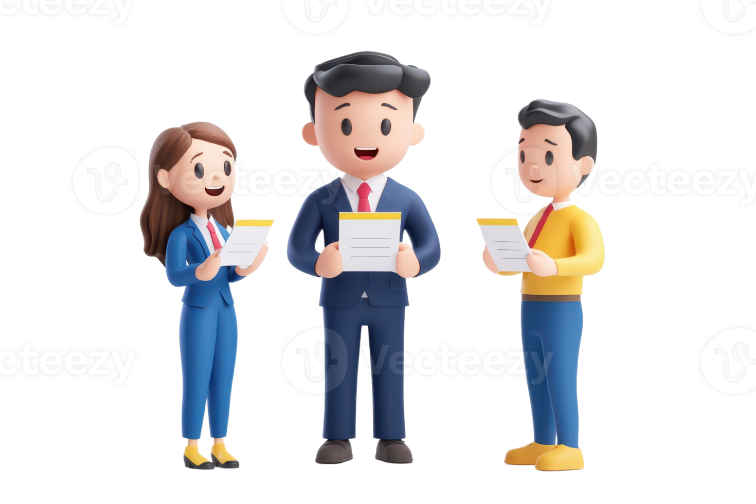 Three cartoon characters, two men and one woman, dressed in business attire, hold documents and engage in a discussion. png