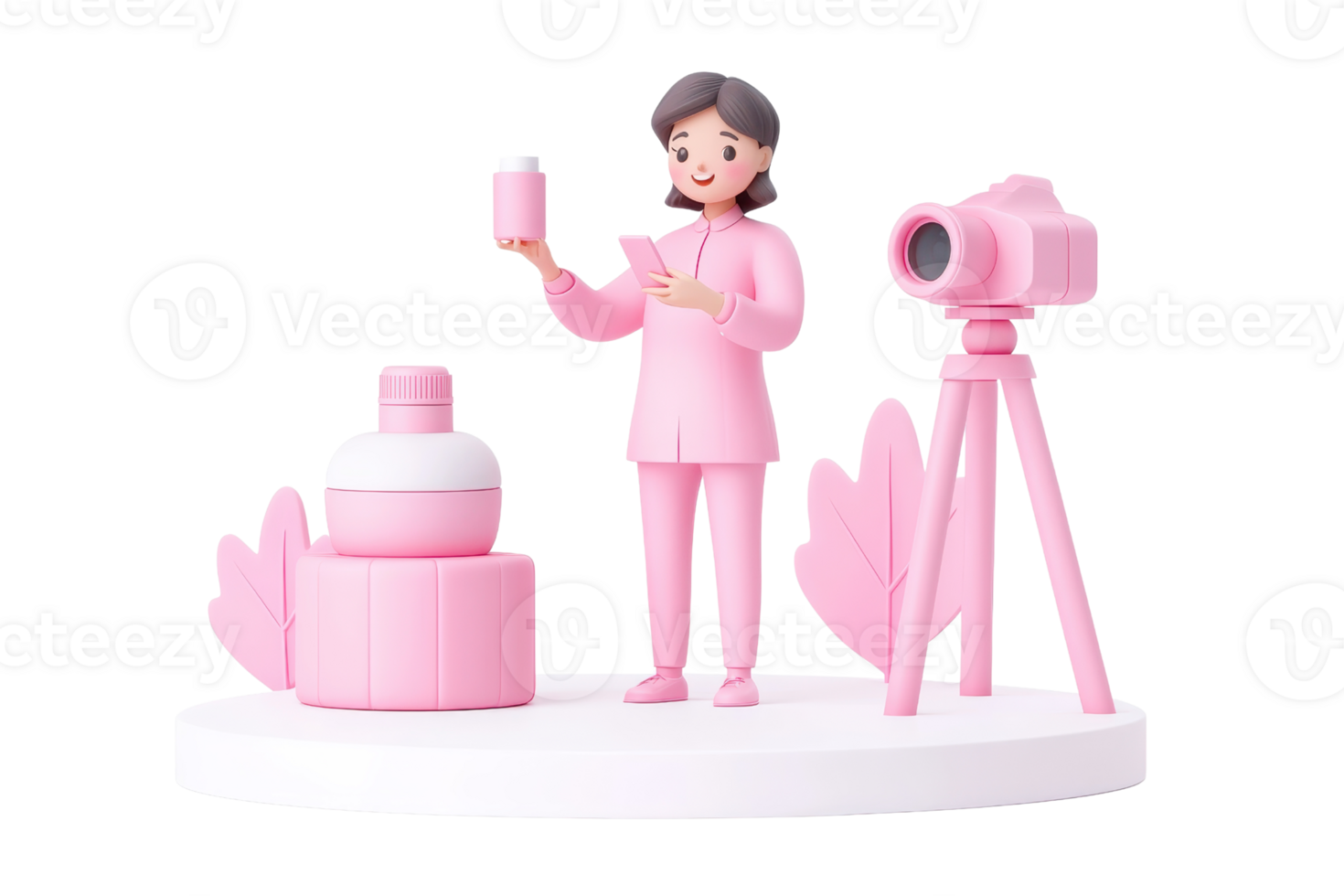 A stylized character in pink attire holds a product while standing next to a camera on a tripod and a decorative stack. png