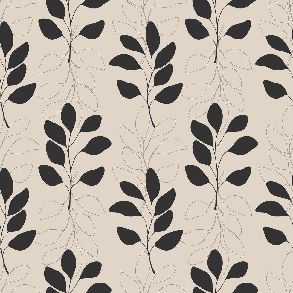 Pattern with eucalyptus branches, dark leaves silhouette and contour, on beige background. For textiles, wrapping, packaging vector