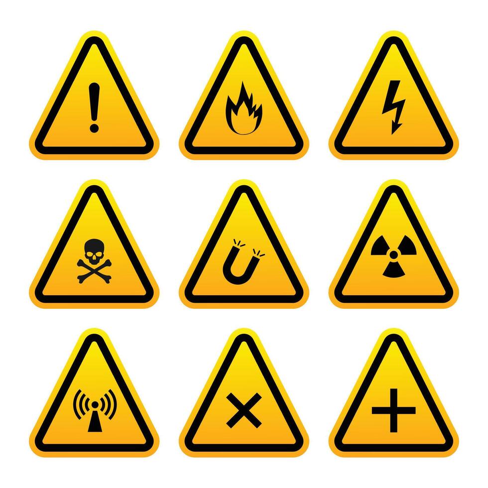 Set of warning signs. Set of danger and hazard signs. Yellow and black warning signs. Danger and hazard triangle shapes. vector