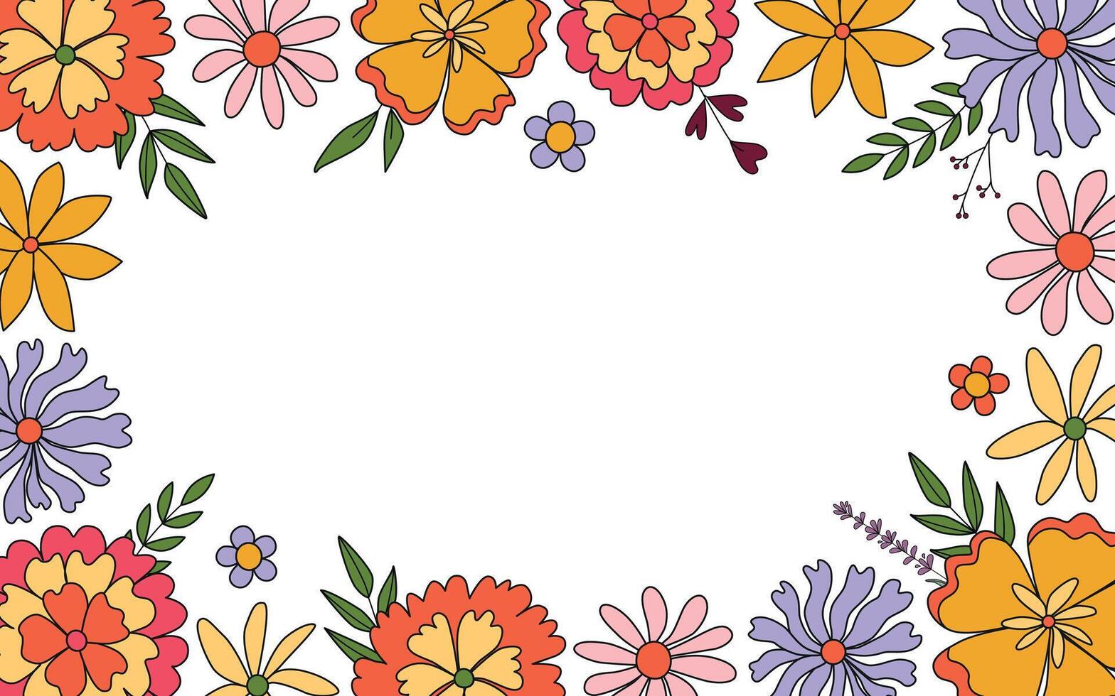 Vivid floral frame background with place for text. Spring and summer groovy flowers. Botanical modern border. Great for greeting cards, banners, flyers, birthday and mom's day greetings. . vector