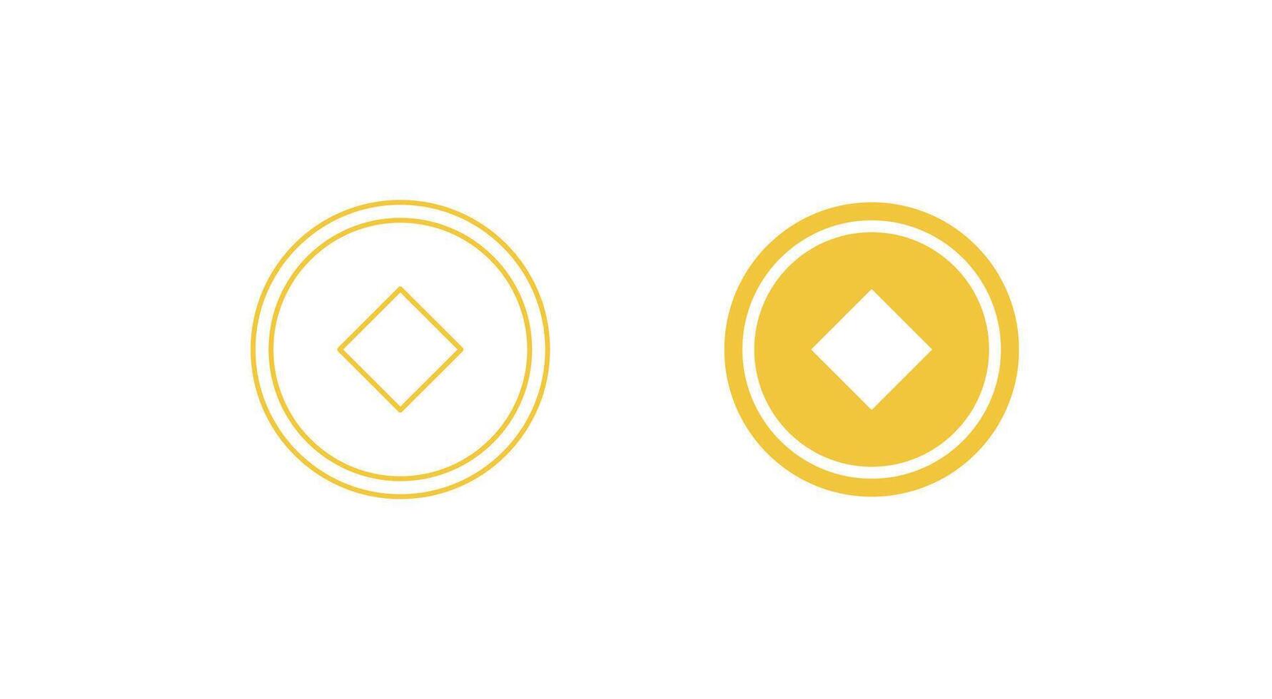 Chinese lucky coin. Linear and silhouette drawing. Cash. Coin with square hole. Icon, symbol. . vector