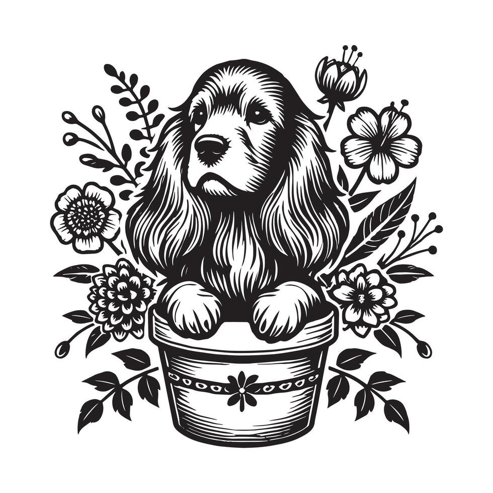 Cocker Spaniel In A Flower Pot dog Transparent background vector