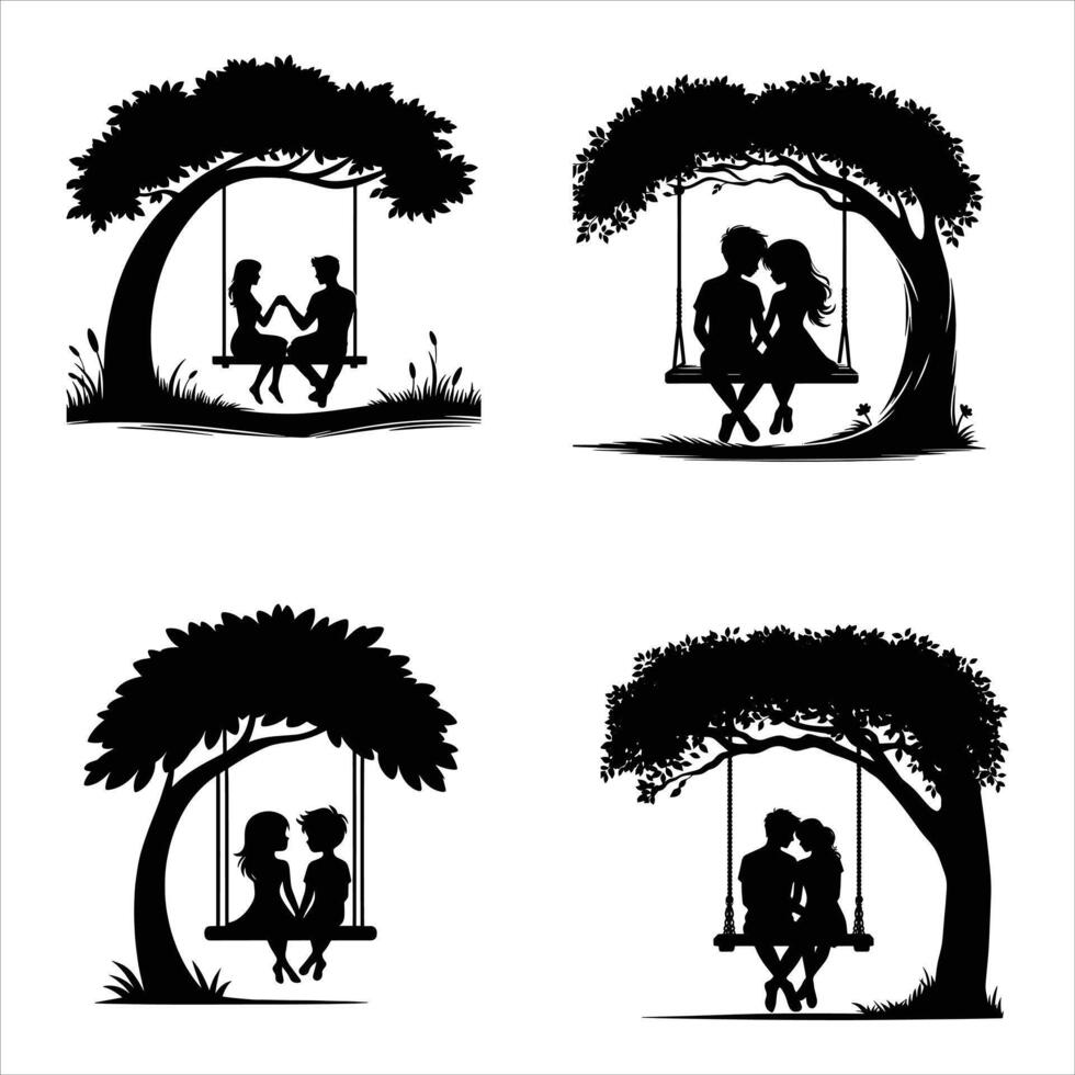 Black Couple Under Tree Over Swing white Background vector