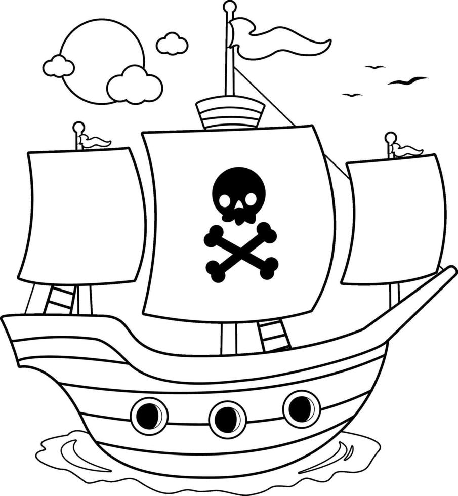 Nautical ocean adventure background with pirate ship with white sails and pirate flag sailing at the sea. Pirate ship floating on ocean water. Black and white coloring page. vector