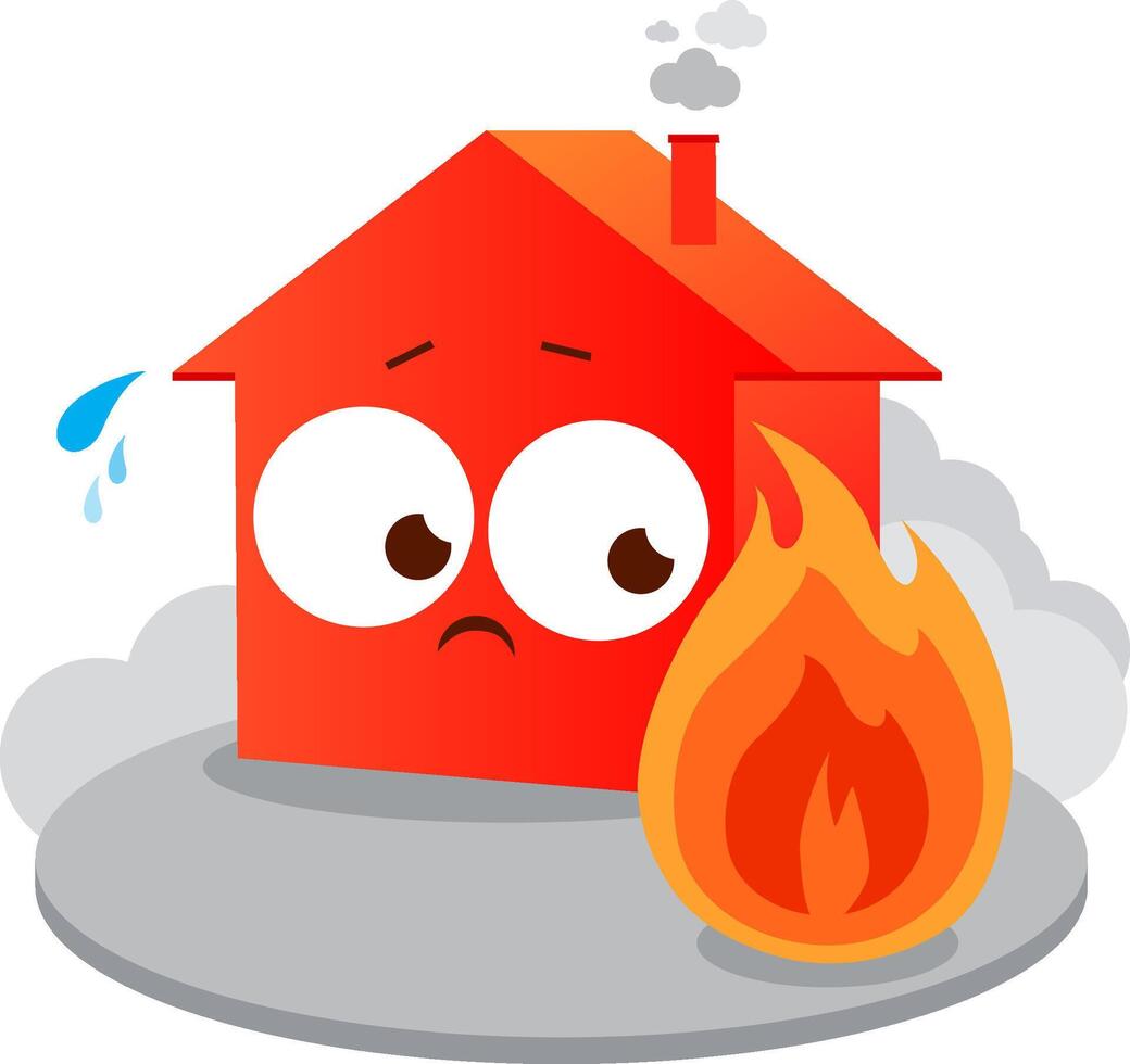 Cartoon house on fire character. Building burning in flames from natural disaster. Home insurance for fires. vector