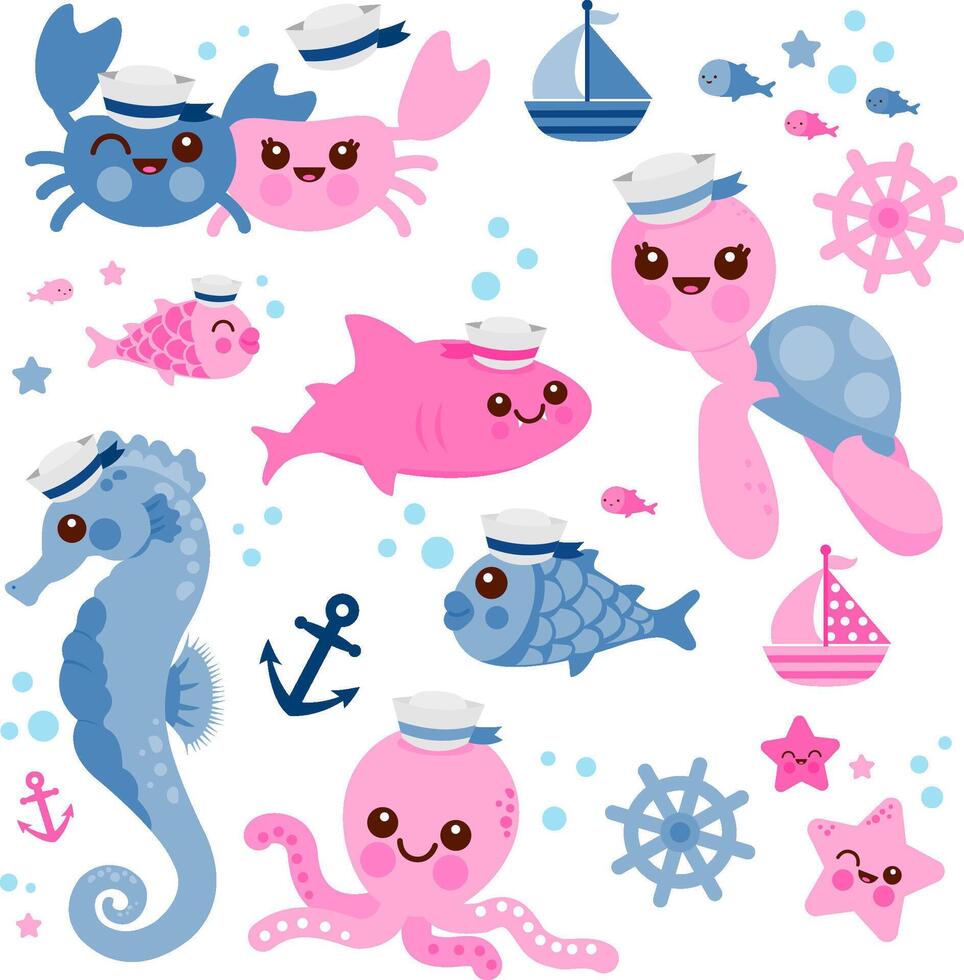 Baby sea animals swimming under the sea. Set of sailor and nautical illustrations with cute sea animals and fish. vector