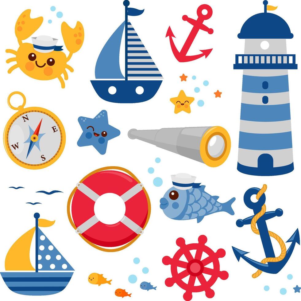 Set of sailor and nautical illustrations. Cute sea animals, crabs and fish in nautical theme clipart set. Lighthouse, anchor, lifebuoy and boats. Illustration collection vector