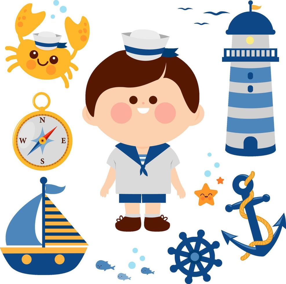 Sailor boy in navy uniform at the sea nautical set. Little child in a sailor captain costume. Marine nautical set with lighthouse, anchor, lifebuoy, boats and cute sea animals. Illustration collection vector