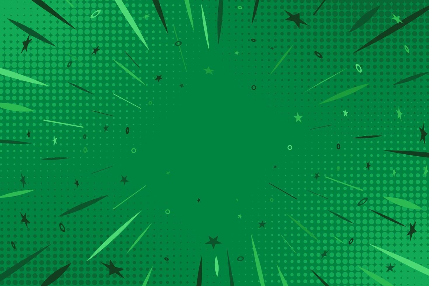 Green Pop Art Comic Background. Modern creative anime halftone style background with stars and burst of rays for retro cover, banner, poster vector