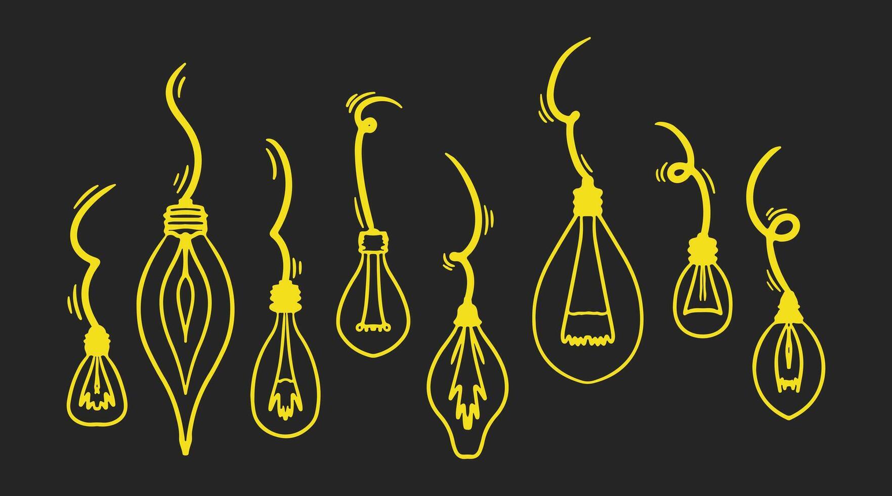 Doodle electric light bulb or lamp bulb. Hand draw idea symbol collection. Hand drawn lamp set. idea art. Yellow illustration on black background vector