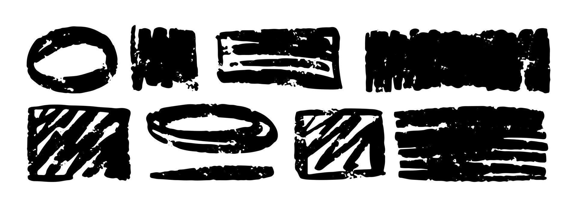 Black grunge charcoal strokes, circle and square frames, lines, squiggle, swirls and shapes set. hand drawn abstract shapes and lines drawn with pencil or charcoal. Circles, scribbles and vector