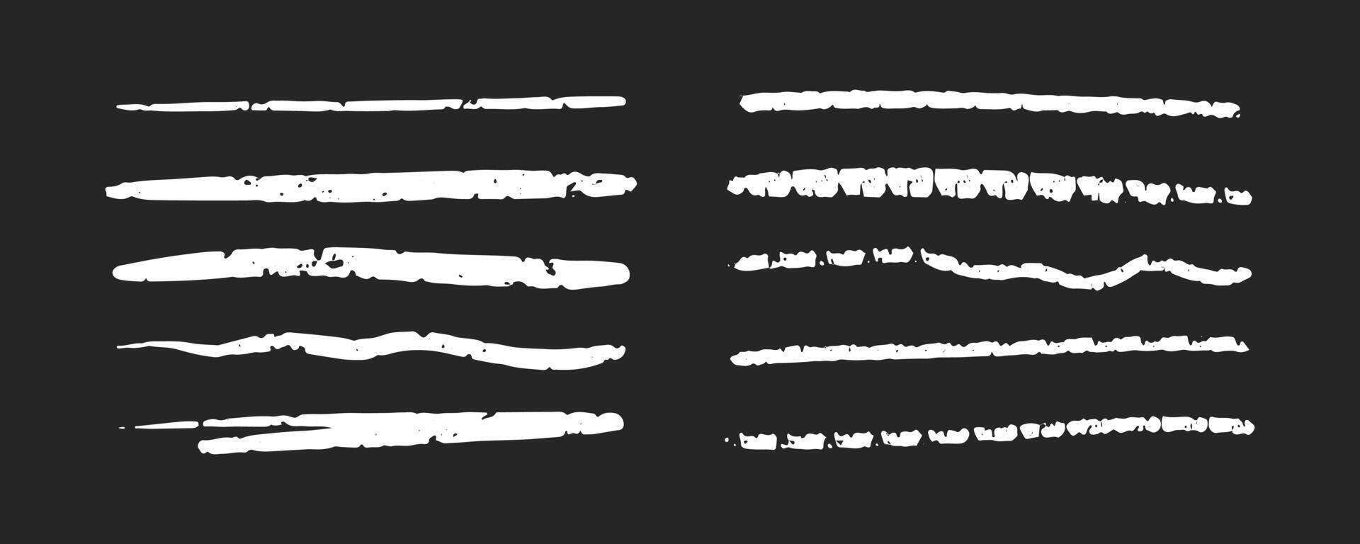 Chalk lines, pencil underline, crayon stroke by pencil, brush scribbles. white charcoal hand drawn sketch elements on black background vector