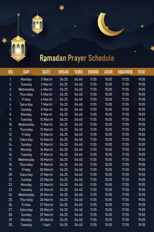 muslim prayer schedule template. islamic or ramadan theme vector