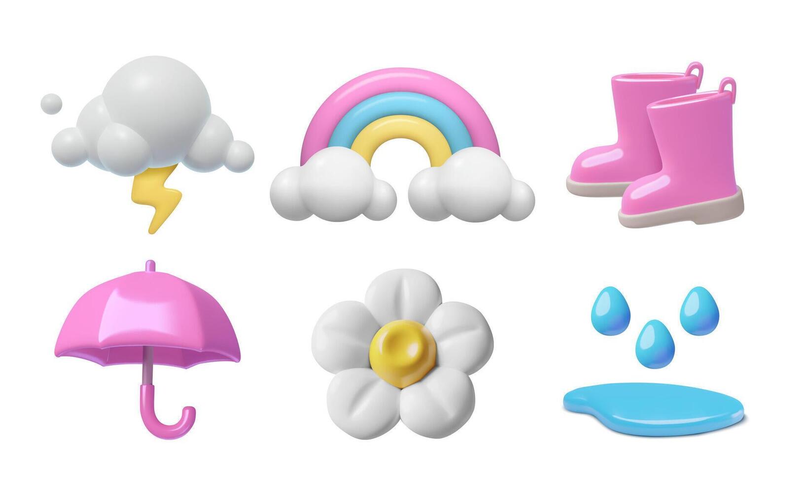 Pink 3D boots and umbrella cute baby girl rainy weather three dimensional emoji set vector