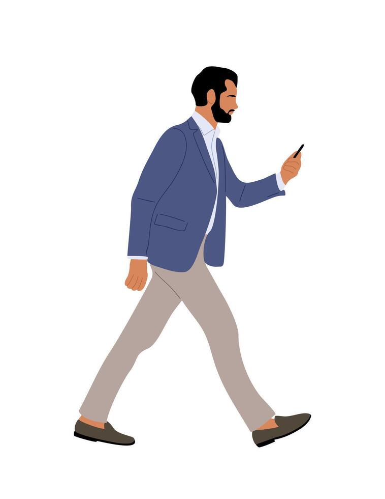 Business man walking side view, holding phone. vector