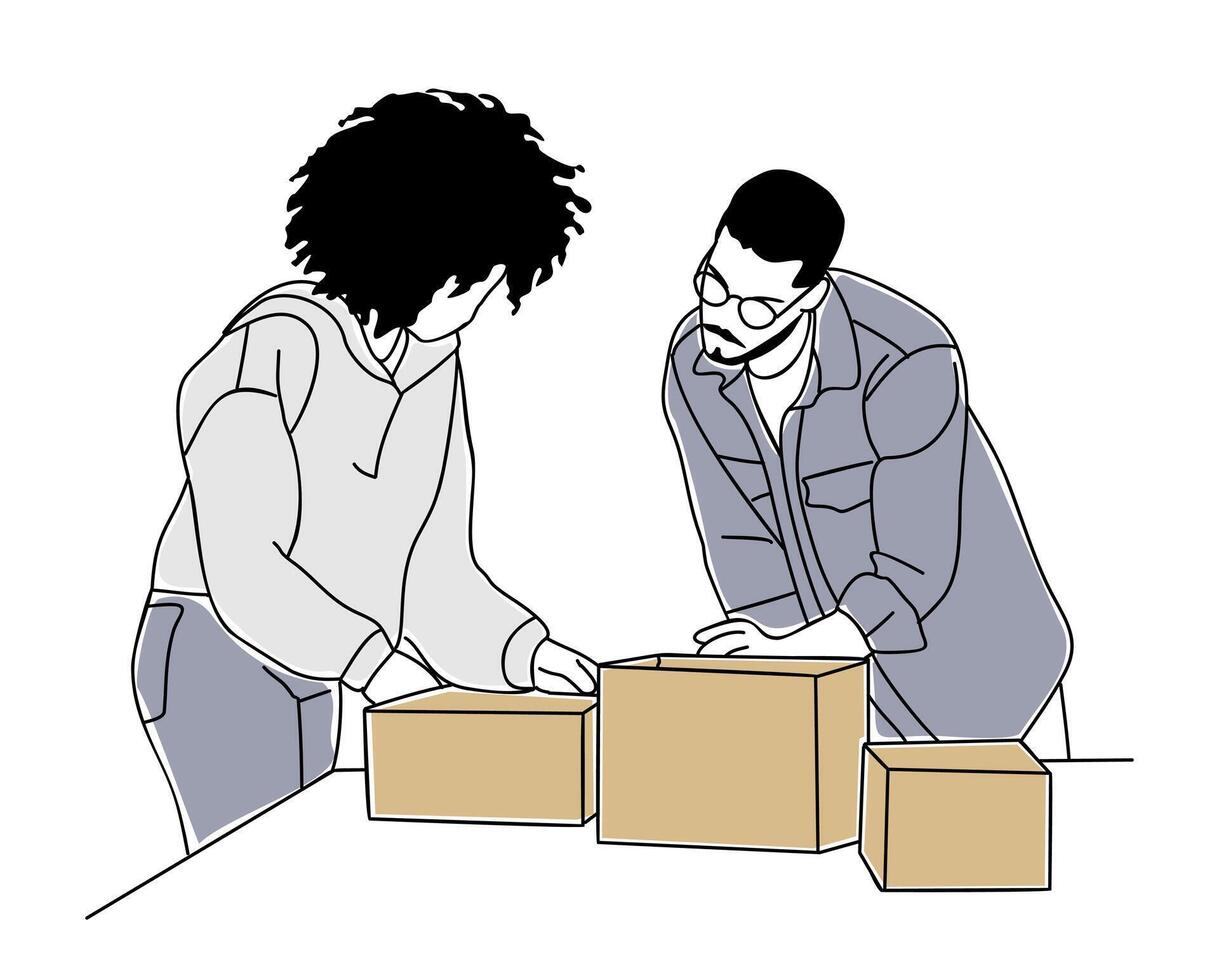 Small business owners packaging orders art. vector