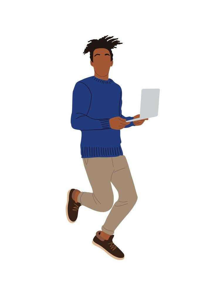 Black man working at laptop walking . vector
