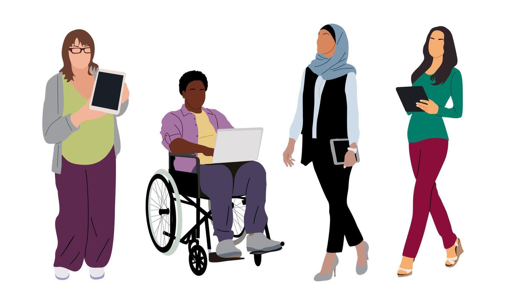 Set of different Business women with devices. vector