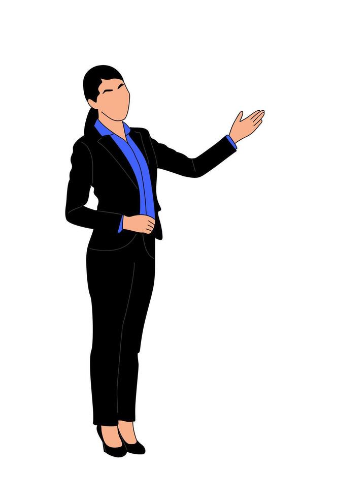 A happy woman in a suit is pointing to the side. vector