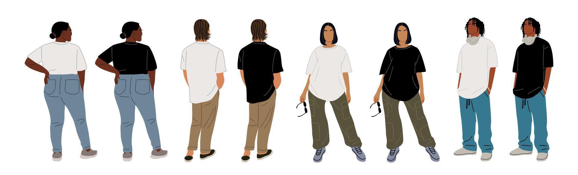 Set of different men, women in casual outfit. vector