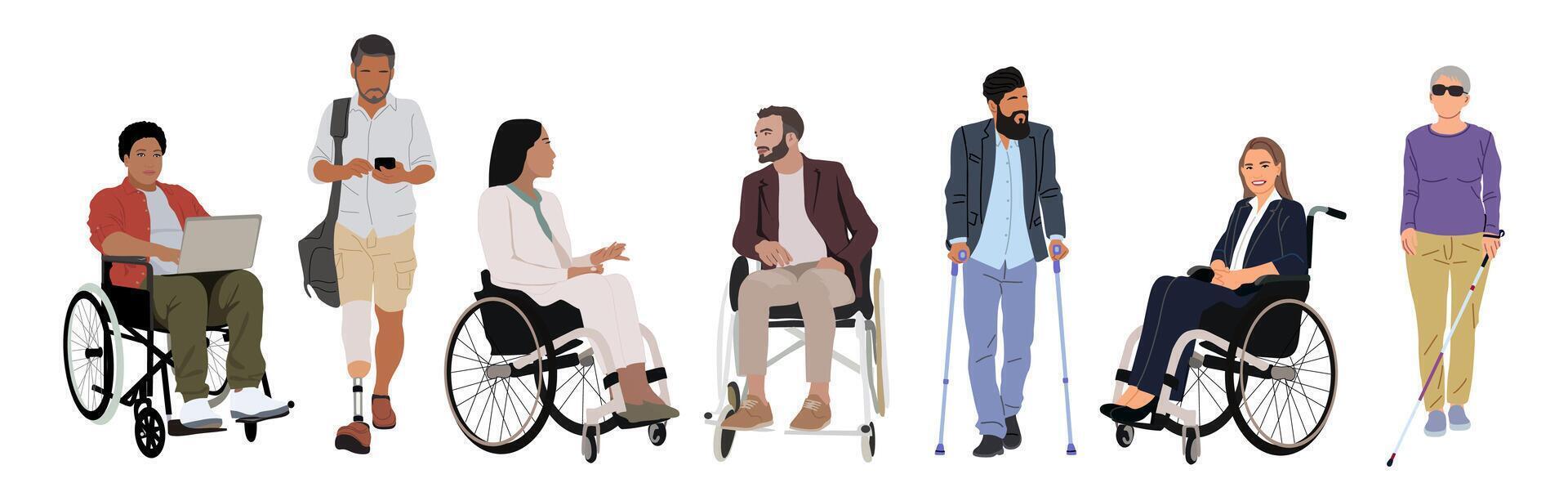 Diverse disabled people set on white. vector