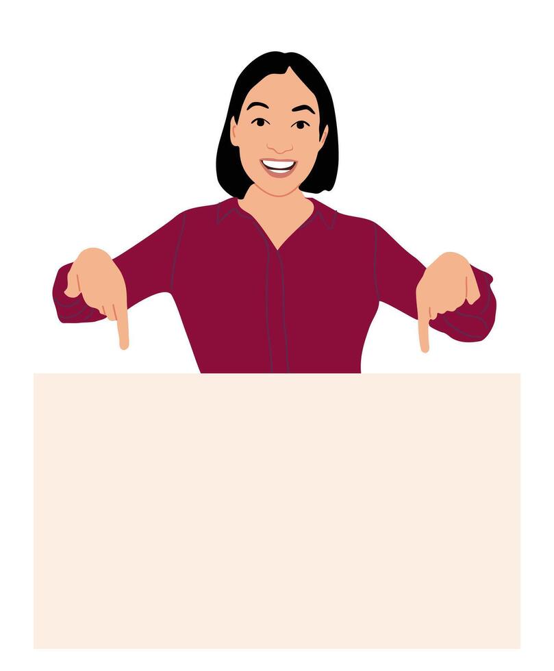 Smiling girl pointing down to blank banner. vector