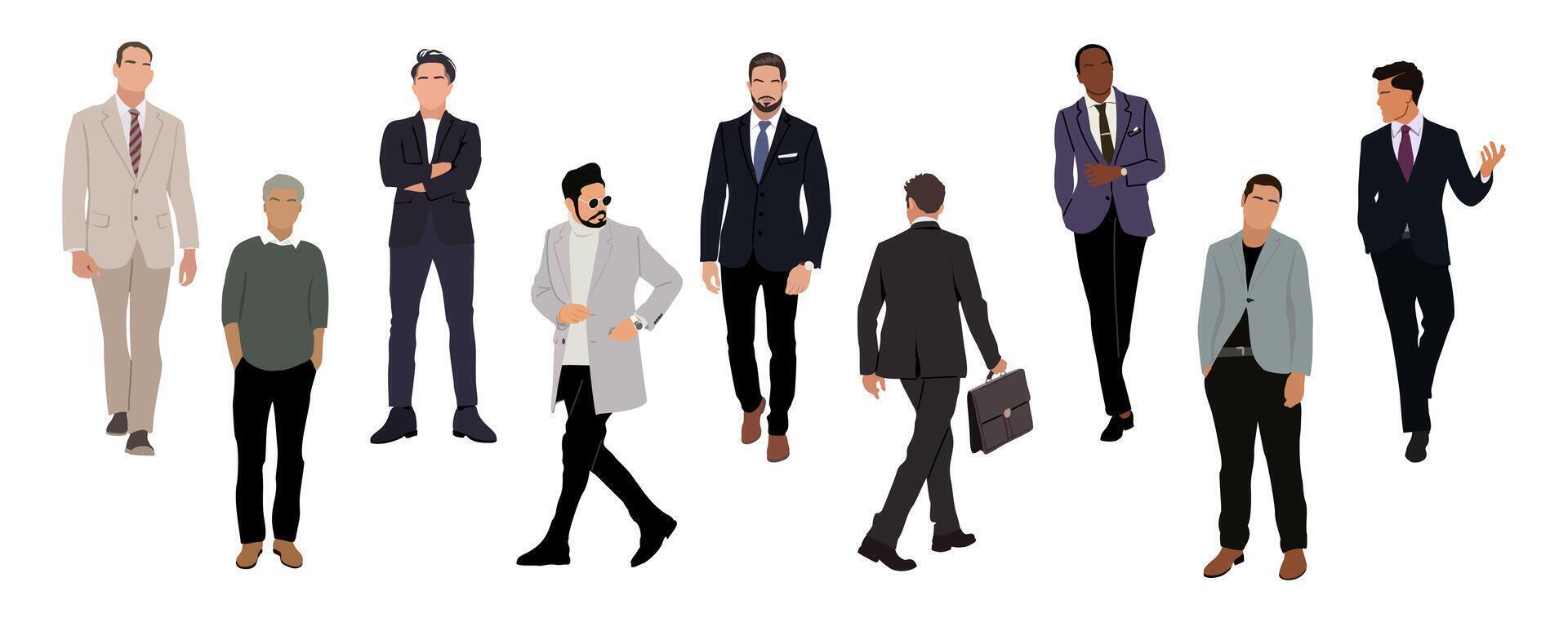 Set of business men standing, walking isolated. vector