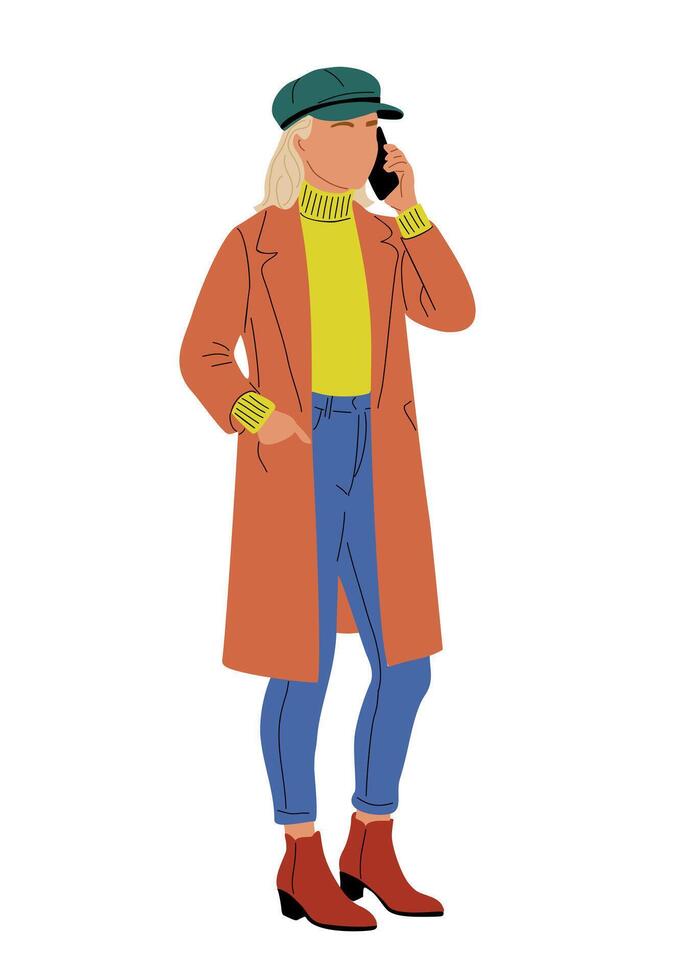 Young woman talking on mobile phone while wearing fashionable casual outwear, cap, jeans, sweater and coat. vector