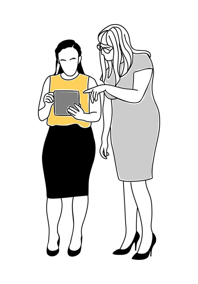 Two business women working together on tablet. vector