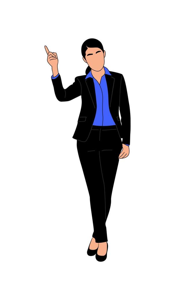A happy woman in a suit is pointing upwards. vector