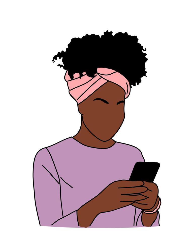 Black woman holding, using mobile phone isolated. vector