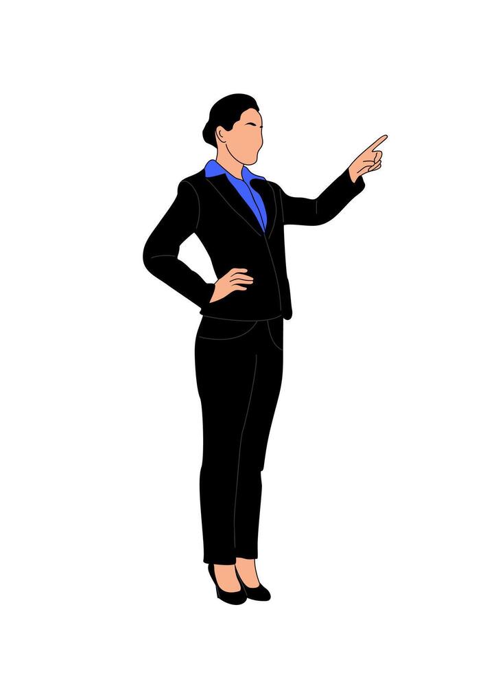 Business woman character pointing to the side. vector
