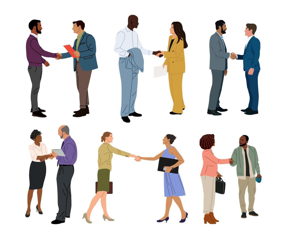 Diverse Business people shaking hands set. vector