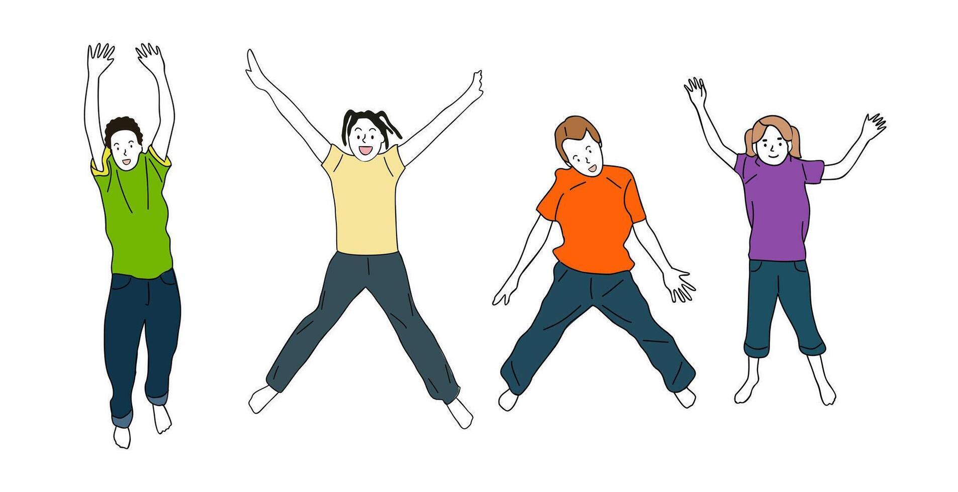 Group of happy cute kids jumping drawing. vector